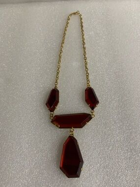 Red Faceted Statement Necklace Gold Geometric Drop
